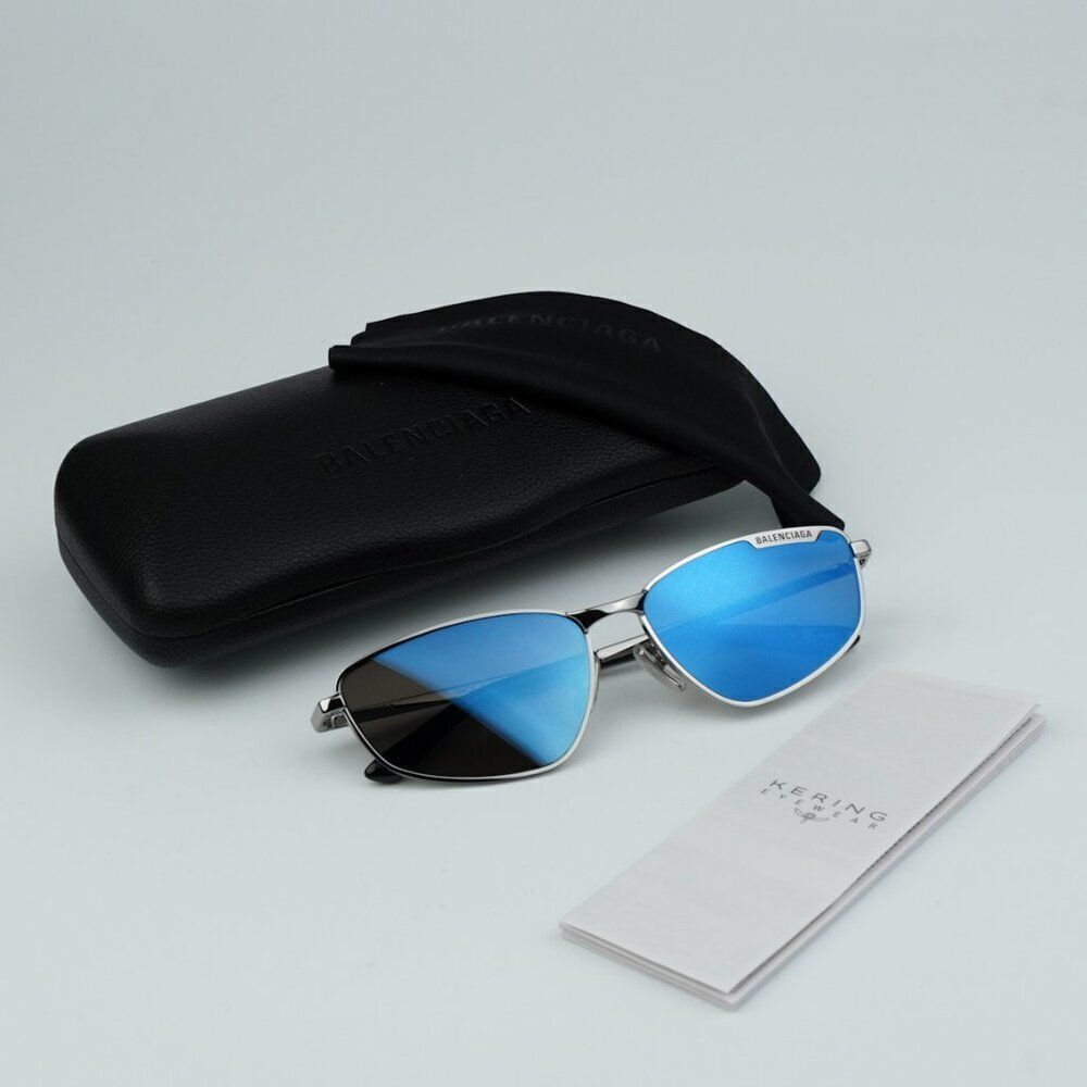 NEW Balenciaga BB0277S 003 Ruthenium Blue Mirrored Geometric Unisex Sunglasses - Picture 14 of 14